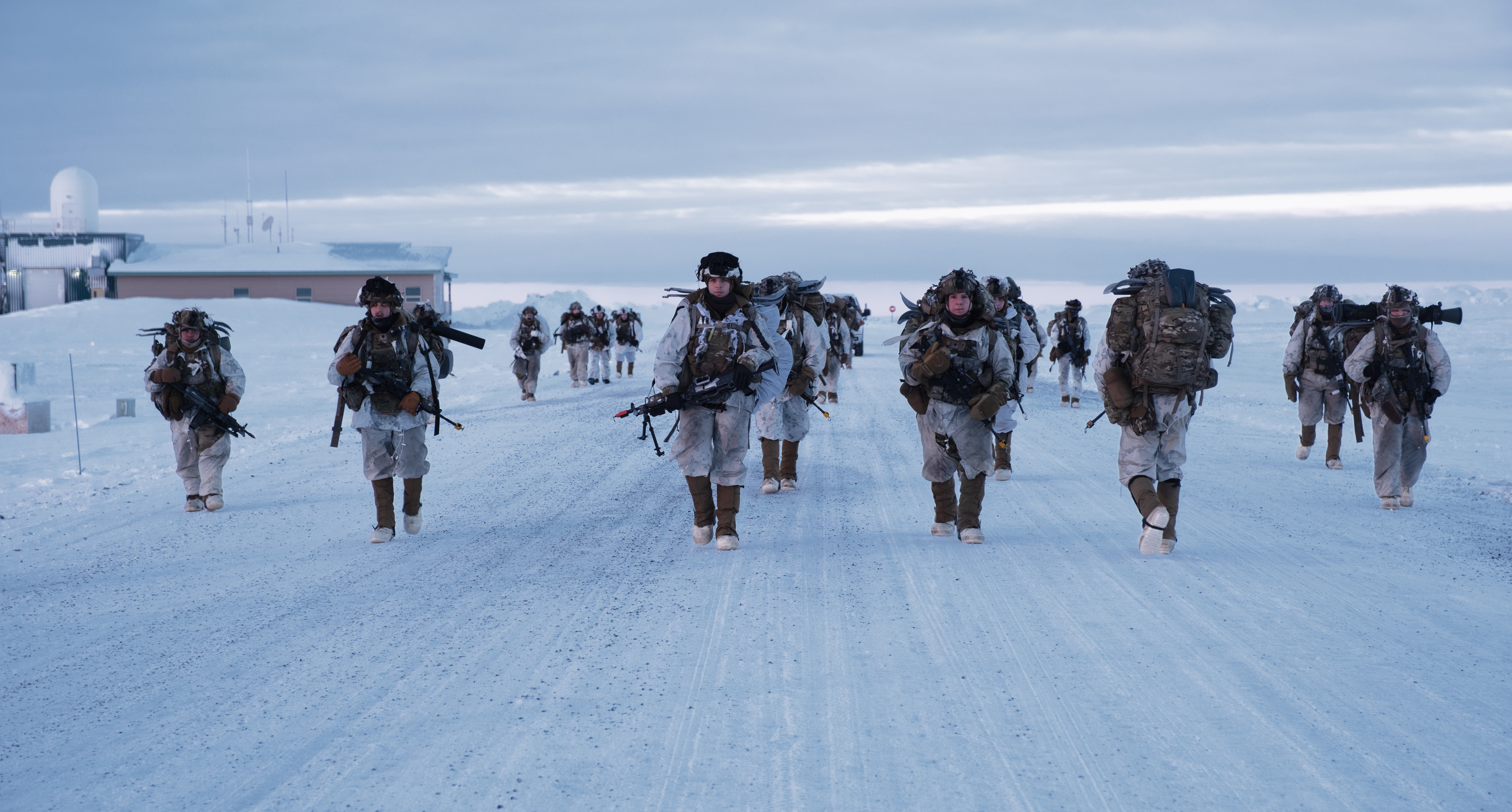 Soldiers assigned to 1st Infantry Brigade Combat Team,11th Airborne Division, move toward objective outside ofUtqiagvik, Alaska, as part of Joint Pacific MultinationalReadiness Training Center 24-02, February 15, 2024(U.S. Army/Brandon Vasquez)